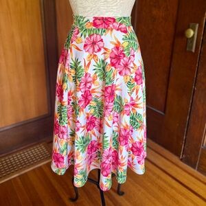 Hawaiian Print Tropical Swing Midi Skirt, Pink Green Orange White, Sz Large